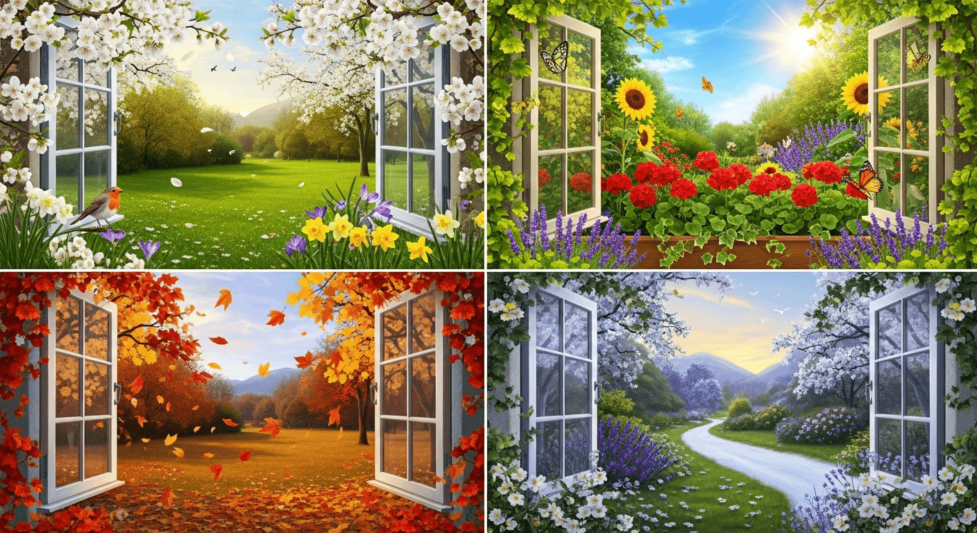 Vue saisonnière d'une fenêtre de maison, printemps été automne hiver