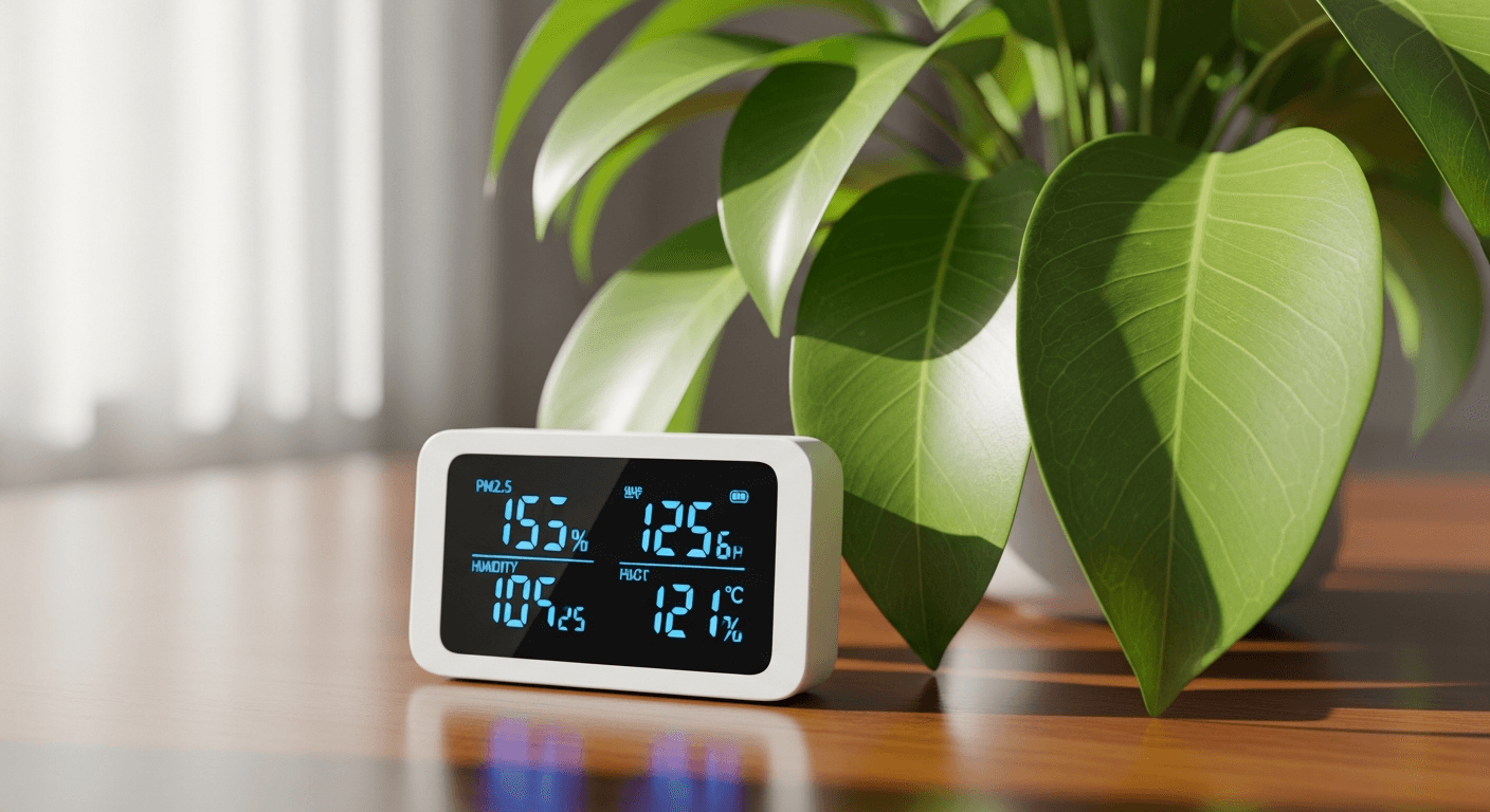 Capteur de qualité de l'air posé sur un bureau avec affichage numérique