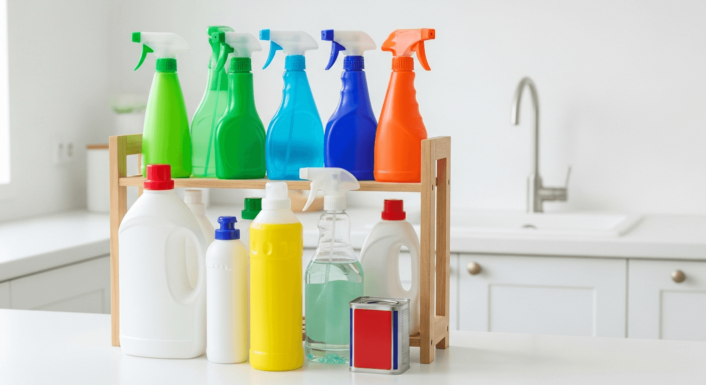 Étagère de produits ménagers et de nettoyage, sources de composés organiques volatils