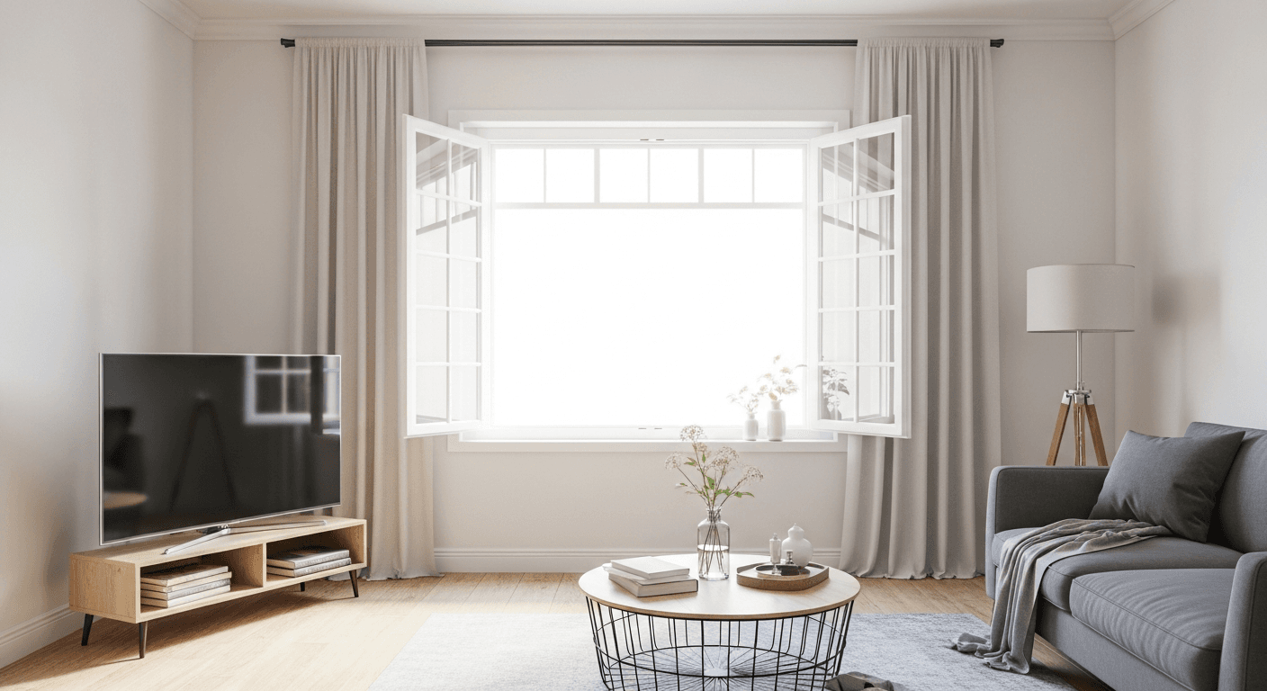 Fenêtre grande ouverte dans un salon lumineux pour renouveler l'air intérieur et réduire les COV