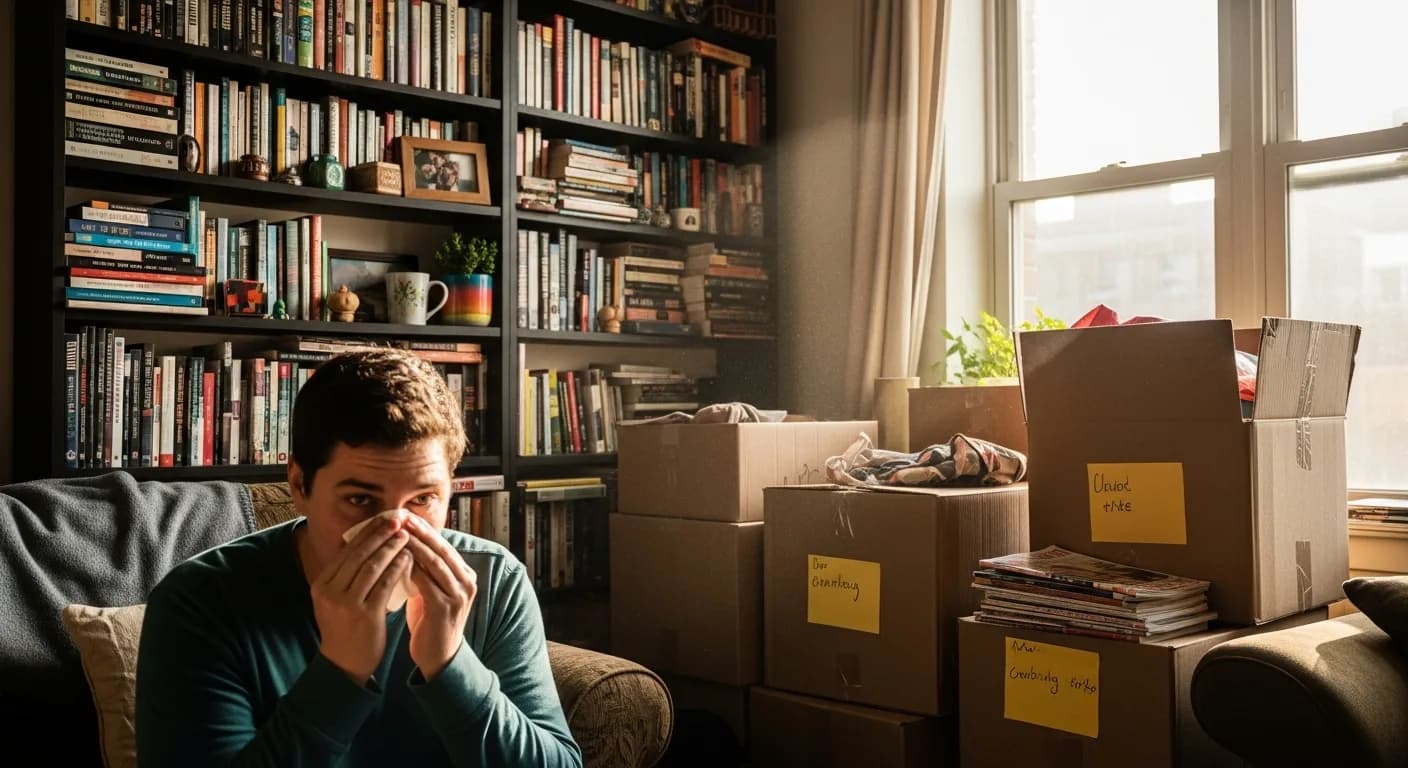 Salon encombré avec étagères surchargées et cartons, sources d'acariens et de poussière