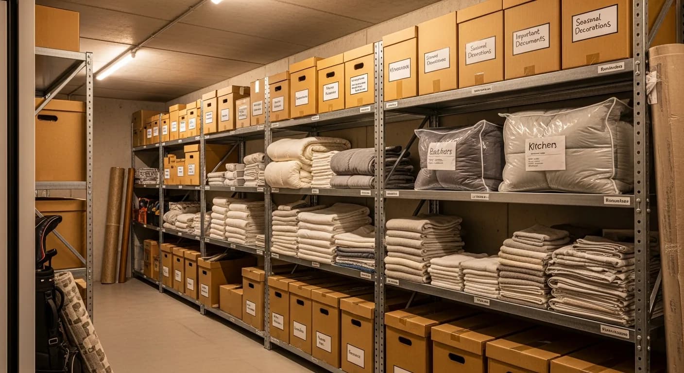 Intérieur d'une box de stockage propre avec cartons étiquetés et textiles rangés sur des étagères