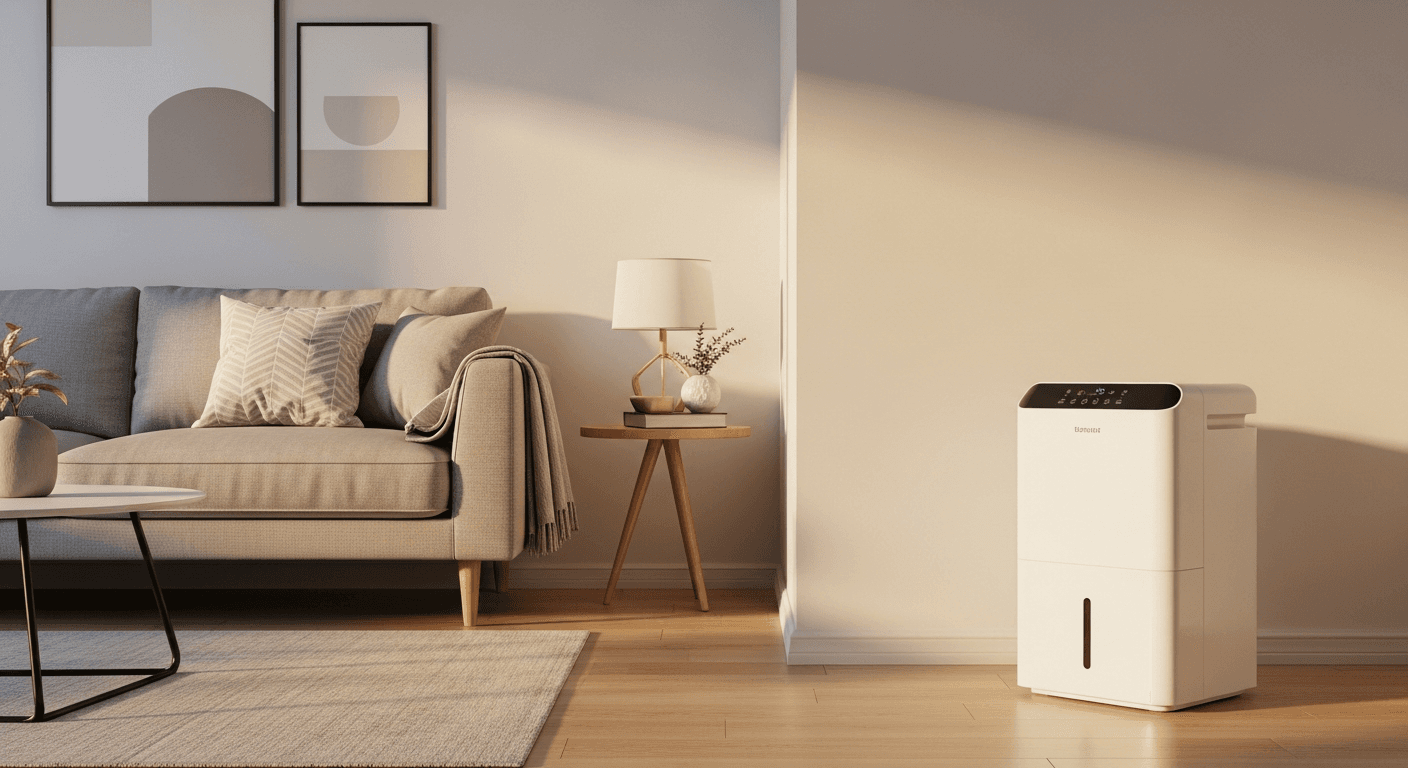 Déshumidificateur blanc dans un salon moderne pour réguler l'humidité de l'air