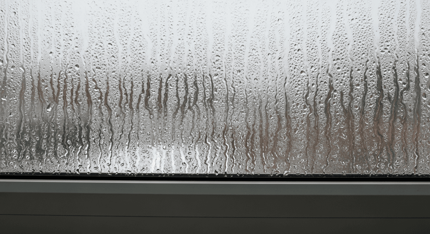 Condensation sur une fenêtre intérieure en hiver, gouttes d'eau sur le vitrage